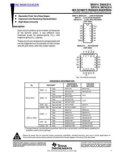 Texas Instruments SN5414/SN54LS14/SN7414/SN74LS14 Hex Schmitt-Trigger Inverters Datasheet