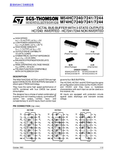 SGS-THOMSON M54HC7240/7241/7244 M74HC7240/7241/7244 handbook  - cover page