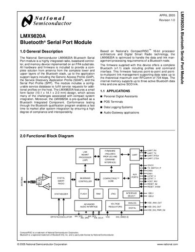 National Semiconductor LMX9820A Bluetooth Serial Port Module Manual - cover page