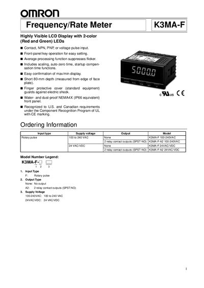 Omron K3MA-F Frequency/Rate Meter User Manual - cover page