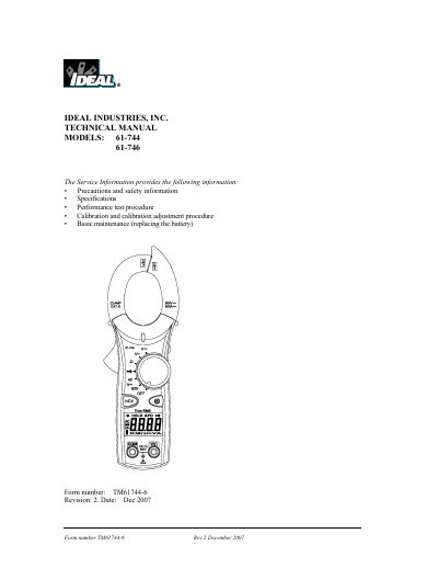 Ideal Industries 61-744/61-746 Multimeter Service Manual - cover page