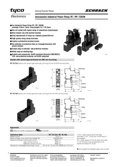 Tyco Industrial Power Relay RT/RP/SR2M Datasheet