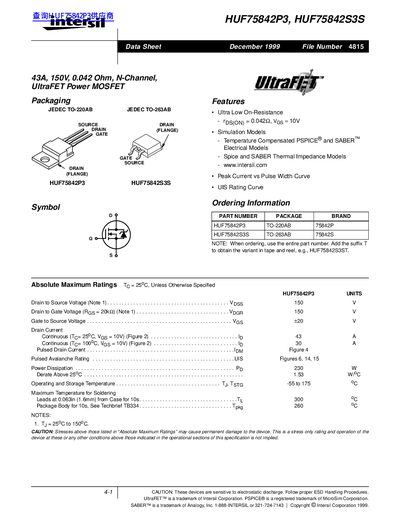Intersil HUF75842P3/HUF75842S3S UltraFET Power MOSFET Datasheet - cover page