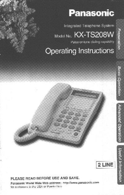 Panasonic KX-TS208W Integrated Telephone Operating Instructions - cover page