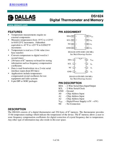 Dallas Semiconductor DS1624 Digital Thermometer and Memory Datasheet - cover page