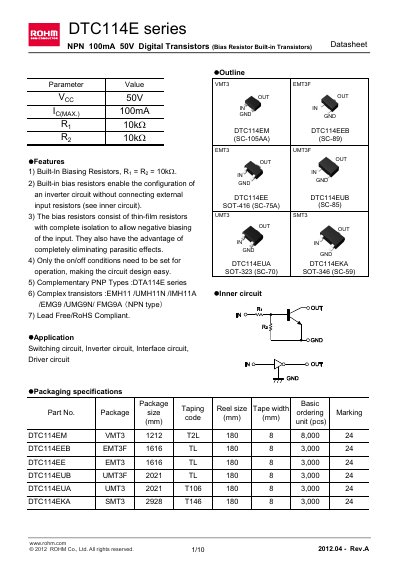 ROHM DTC114EE Datasheet - cover page