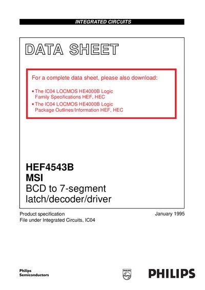 Philips HEF4543B BCD to 7‑segment Latch/Decoder/Driver Datasheet - cover page