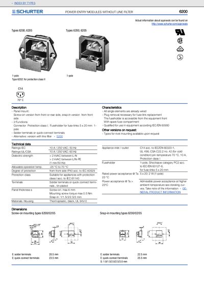 SCHURTER 6200/6205 Power Entry Module Datasheet - cover page