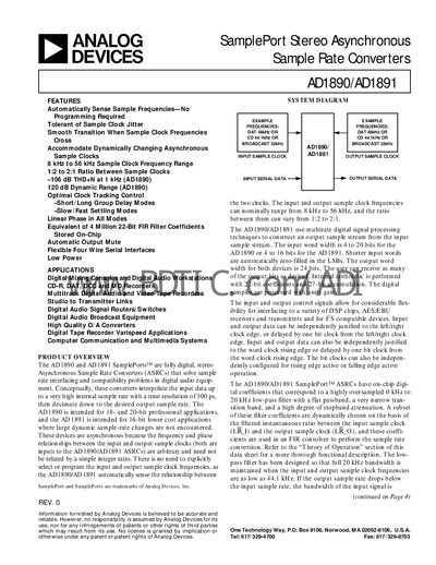 Analog Devices AD1890/AD1891 SamplePort Asynchronous Sample Rate Converter Datasheet - cover page