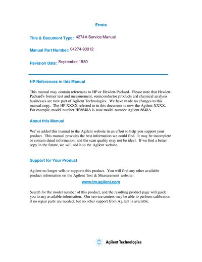 Agilent 4274A Service Manual - cover page