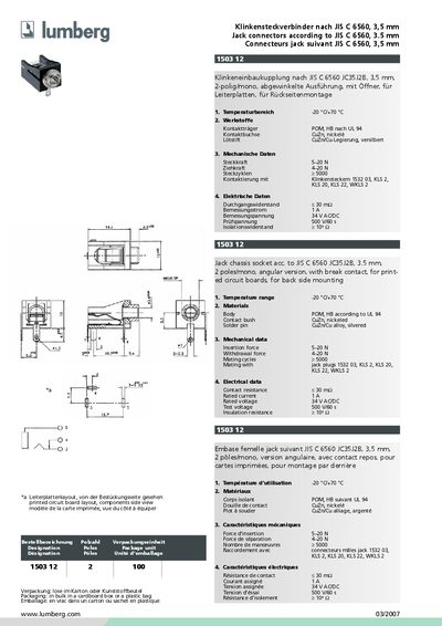 LUMBERG Klinkensteckverbinder nach JIS C 6560 3 5 mm Jack connectors according to JIS C 6560 3.5 mm Connecteurs jack suivant JIS C 6560 3 5 mm handbook(1) - cover page