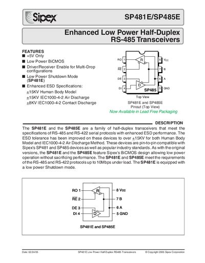 Sipex SP481E/SP485E Enhanced Low Power Half-Duplex RS-485 Transceivers Handbook - cover page