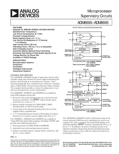 Analog Devices ADM8690-ADM8695 Microprocessor Supervisory Circuits Datasheet - cover page