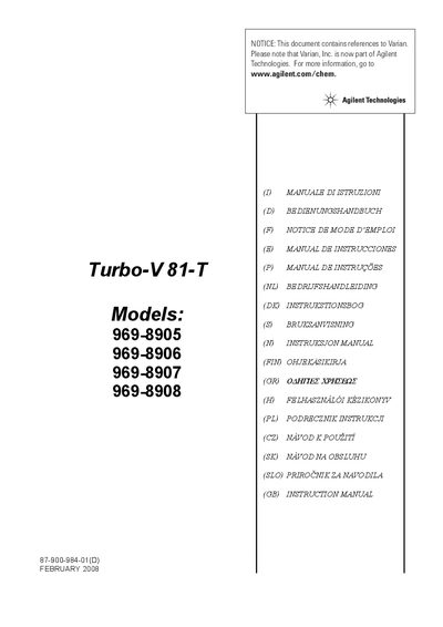 Agilent Technologies Turbo-V 81-T Pump 969-8908 handbook - cover page