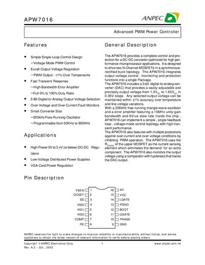 ANPEC APW7016 Advanced PWM Power Controller User Manual