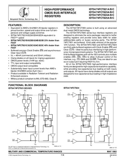 IDT IDT54/74FCT821A/B/C IDT54/74FCT823A/B/A IDT54/74FCT824A/B/C IDT54/74FCT825A/B/C HIGH-PERFORMANCE CMOS BUS INTERFACE REGISTERS - cover page