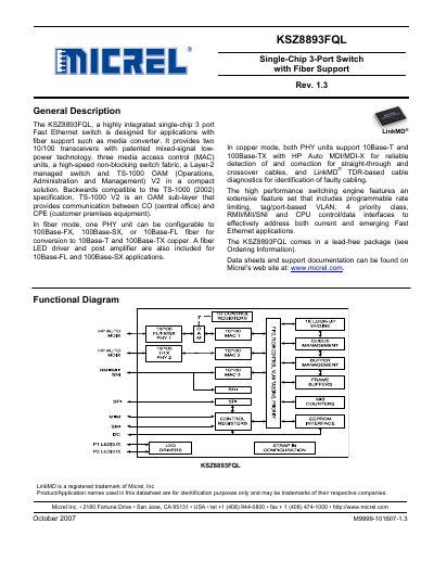 Micrel KSZ8893FQL Single-Chip 3-Port Switch Datasheet - cover page