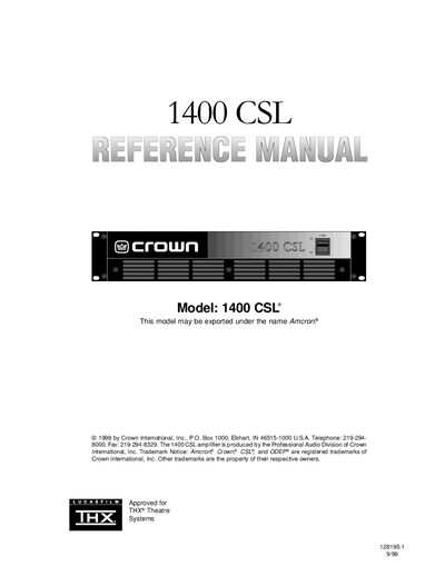 Crown 1400 CSL Power Amplifier Reference Manual - cover page