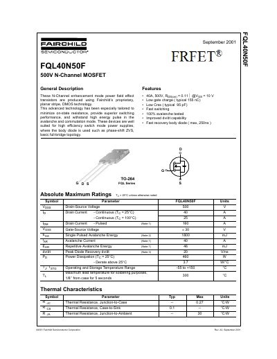Fairchild FQL40N50F N-Channel MOSFET Datasheet - cover page