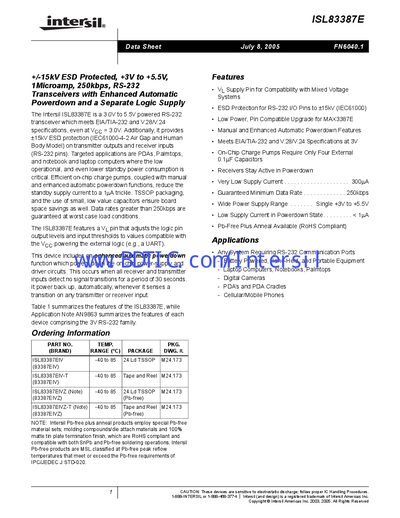 Intersil ISL83387E RS-232 Transceiver Datasheet - cover page