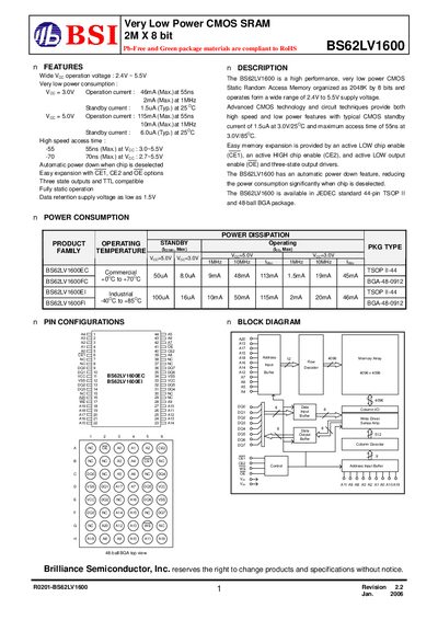 BSI (BRILLIANCE SEMICONDUCTOR) - Very Low Power CMOS SRAM 2M X 8 bit BS62LV1600 R0201-BS62LV1600 Revision 2.2 Jan Manual - cover page
