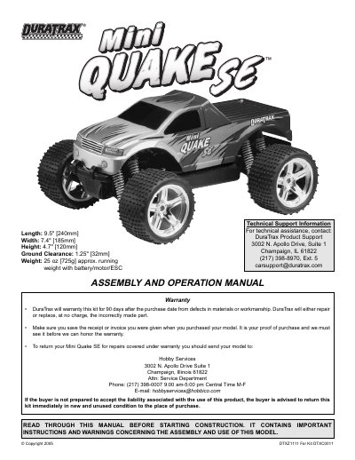 DuraTrax Mini Quake SE Assembly and Operation Manual - cover page