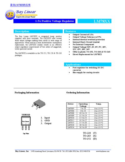 Bay Linear LM78XX 1.5A Positive Voltage Regulator Datasheet - cover page