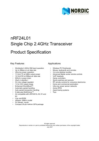 Nordic nRF24L01 Product Specification - cover page