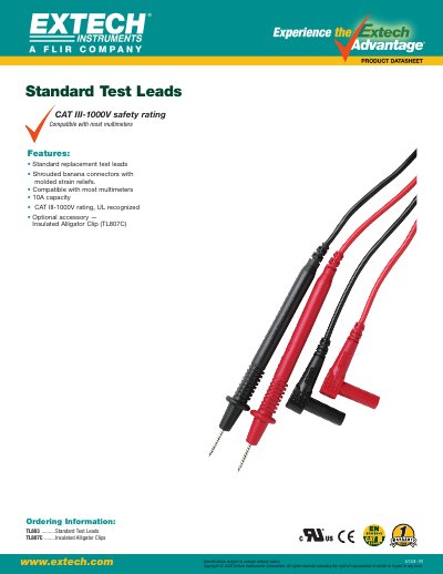 EXTECH T1803 Standard Test Leads Product Datasheet - cover page