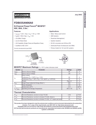 FAIRCHILD FDB035AN06A0 Manual - cover page