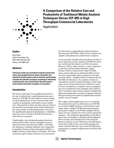 Agilent 7500 Series ICP-MS Cost Productivity Comparison Application Note - cover page