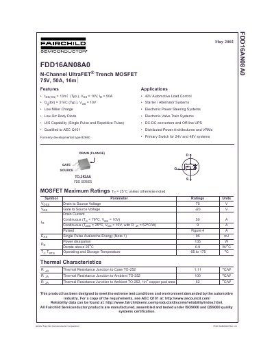 FAIRCHILD FDD16AN08A0 N-Channel UltraFET Trench MOSFET 75V 50A 13mOhm handbook - cover page