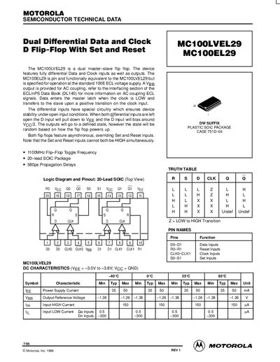 Motorola MC100LVEL29/MC100EL29 Dual Differential Data and Clock D Flip-Flop Datasheet - cover page