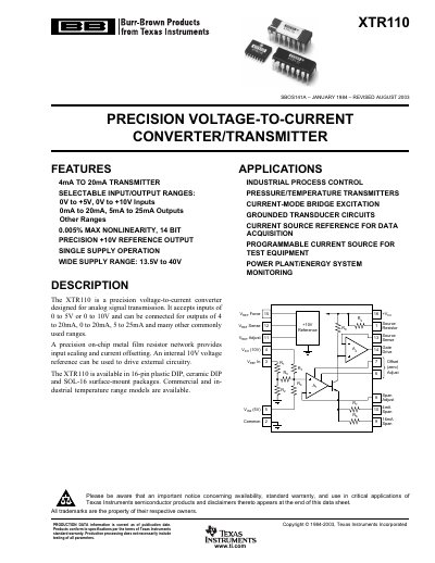 Texas Instruments XTR110 Precision Voltage-to-Current Converter/Transmitter Datasheet - cover page
