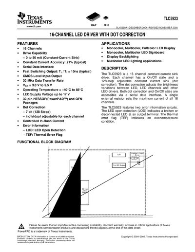 Texas Instruments TLC5923 16-Channel LED Driver with Dot Correction Datasheet - cover page