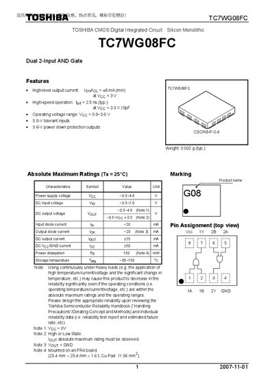 Toshiba TC7WG08FC Dual 2-Input AND Gate Datasheet