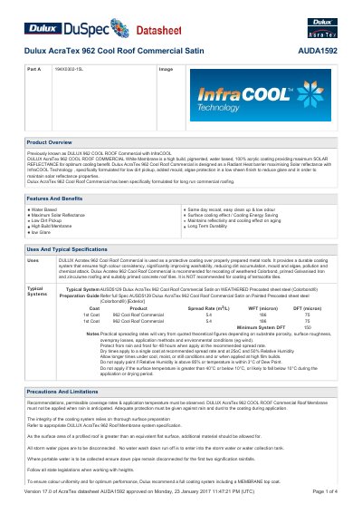 Dulux AcraTex 962 Cool Roof Commercial Satin Product Data Sheet - cover page