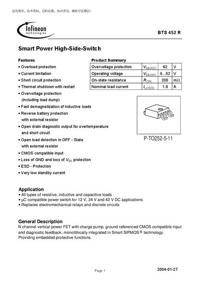 Infineon BTS452R Datasheet - cover page