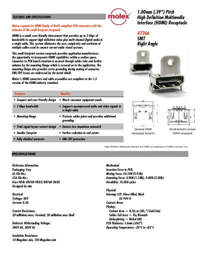 Molex 47266 HDMI Receptacle 1.00mm Pitch Right Angle Product Leaflet - cover page