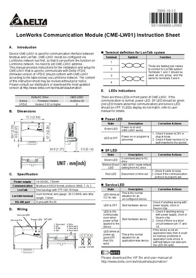 Delta CME-LW01 Communication Module Instruction Sheet - cover page