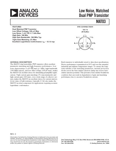 Analog Devices MAT03 Dual PNP Transistor Datasheet - cover page