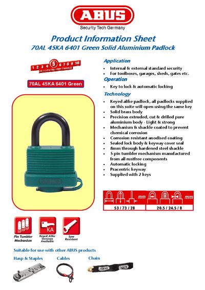 ABUS Product Information Sheet 70AL 45KA 6401 Green Solid Aluminium Padlock - cover page
