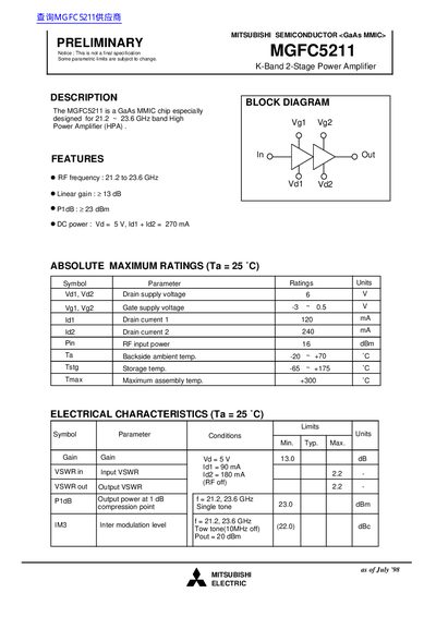 Mitsubishi Semiconductor MGFC5211 K-Band 2-Stage Power Amplifier Datasheet - cover page