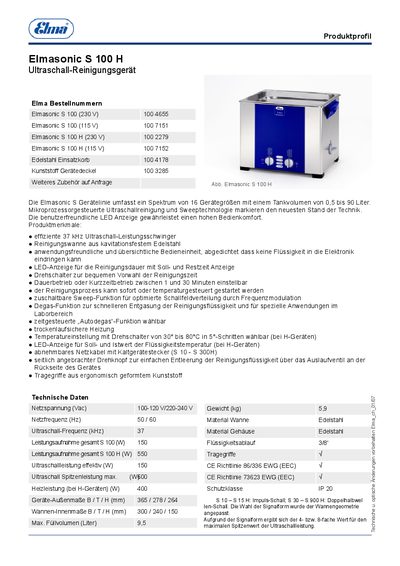 Elma Elmasonic S 100 H Product Data Sheet - cover page