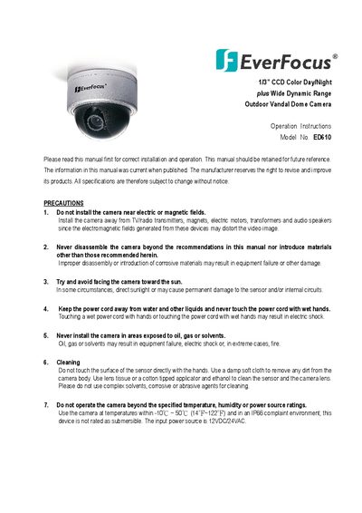 EverFocus ED610 Outdoor Vandal Dome Camera Operation Instructions - cover page