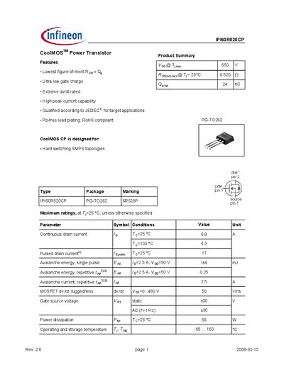 INFINEON IPI60R520CP Manual - cover page