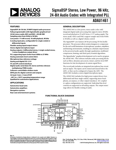 Analog Devices ADAU1461 Audio Codec Datasheet - cover page