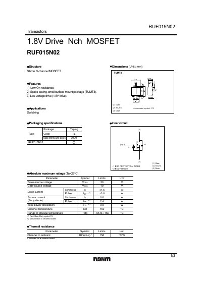 ROHM RUF015N02 N‑Channel MOSFET Datasheet - cover page