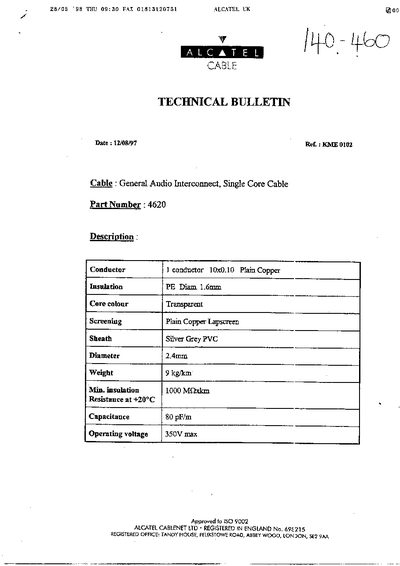 Alcatel 4620 General Audio Interconnect Cable Technical Bulletin - cover page