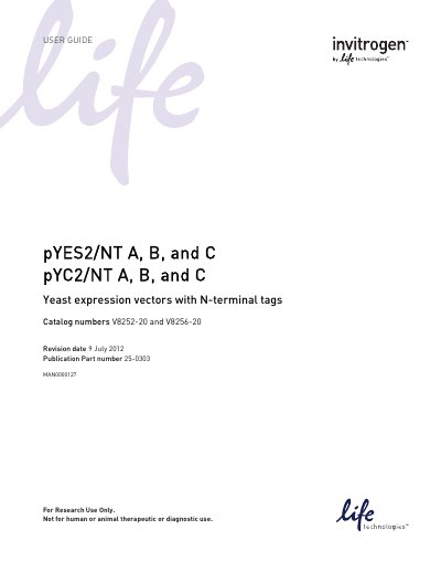 Invitrogen pYES2/NT and pYC2/NT Yeast Expression Vectors User Guide - cover page